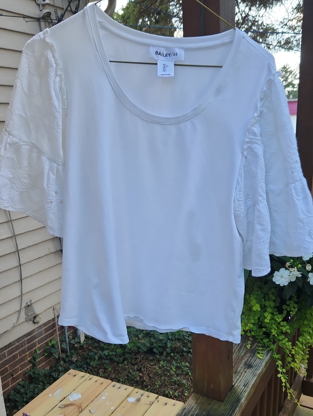 Bailey 44 White Scoop Neck Blouse with Embroidered Flutter Sleeves
